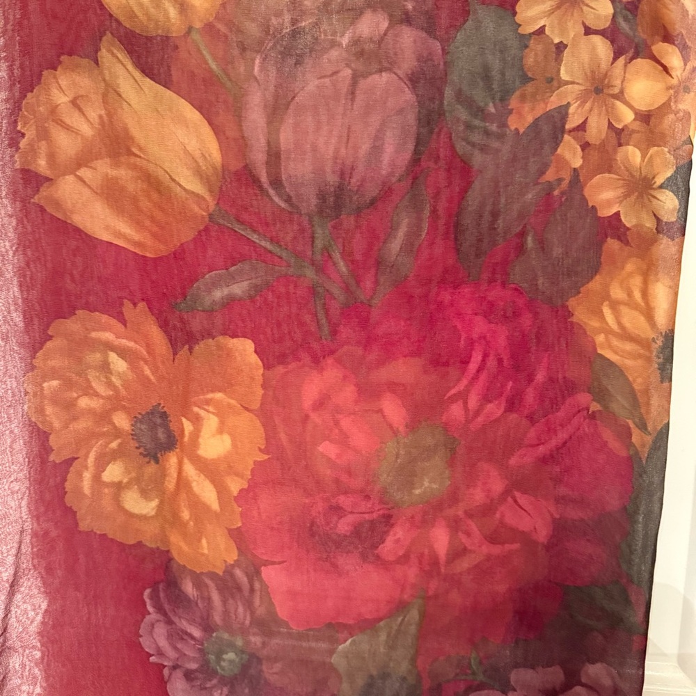 OSCAR DE LA RENTA SCARF SHEER SILK LARGE SQUARE FLORAL DARK RED BROWN GREEN